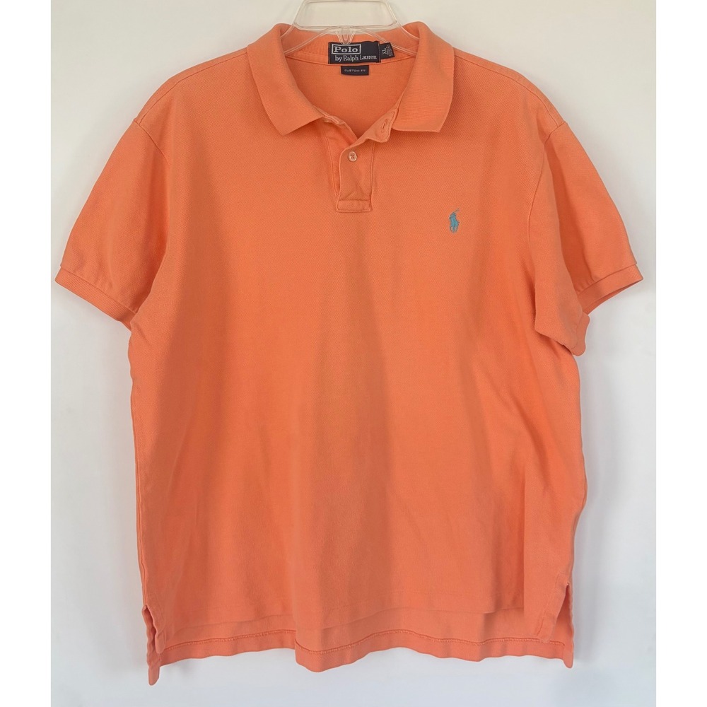 Polo Ralph Lauren Men XL Custom Fit Orange Short Sleeve Pique Shirt Lt Blue Pony